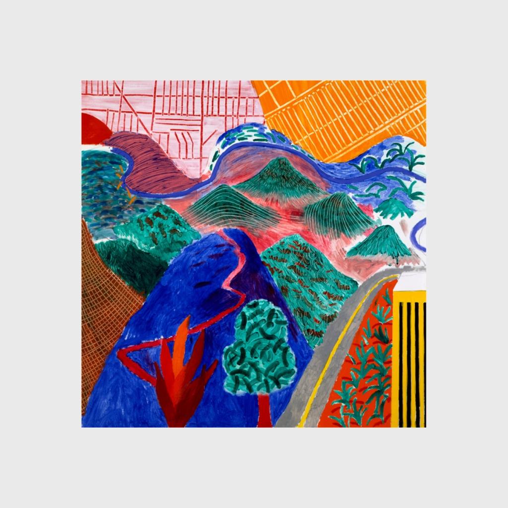 A vivid Hockney landscape with rolling hills, a road and saturated colours