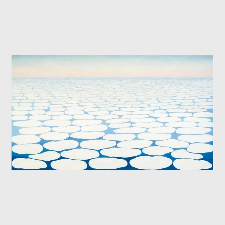 O'Keeffe painting Sky Above Clouds: rows of white clouds receding to the horizon