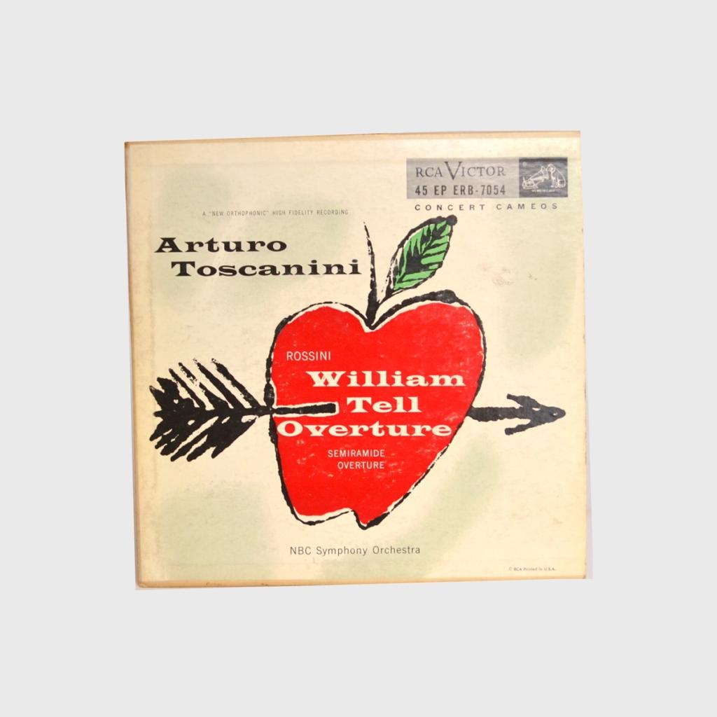 The album cover for Arturo Toscanini's William Tell Overture featuring a red apple pierced by an arrow