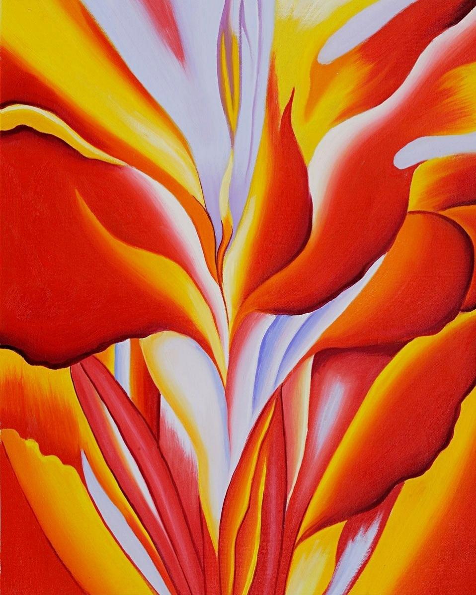 O'Keeffe's painting: a red-and-yellow canna flower with white and lilac petals