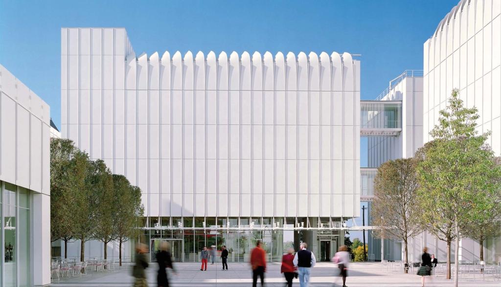 The white ribbed facade of the Sainsbury Centre for the Arts, designed by Renzo Piano