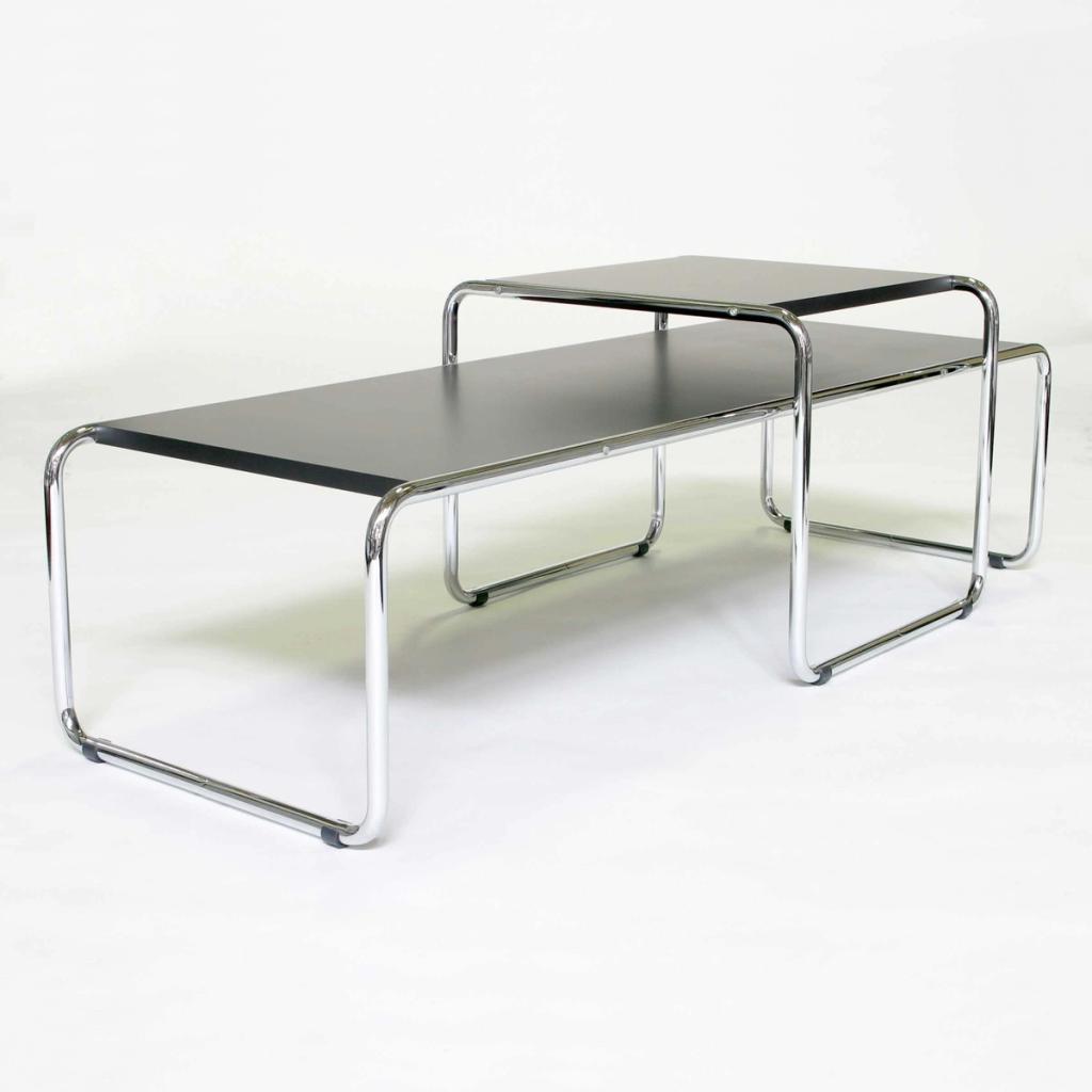 Marcel Breuer's Laccio nesting coffee tables with black tops on chrome tubular frames