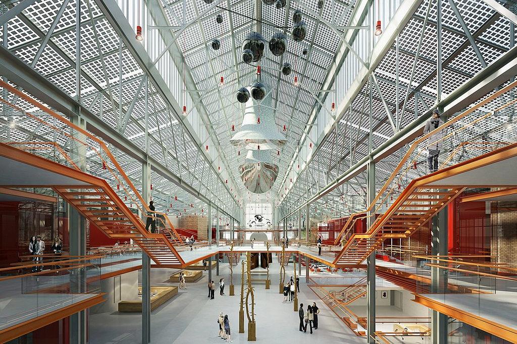 The bright interior of GES-2, with its glass roof, staircases and suspended light fixtures