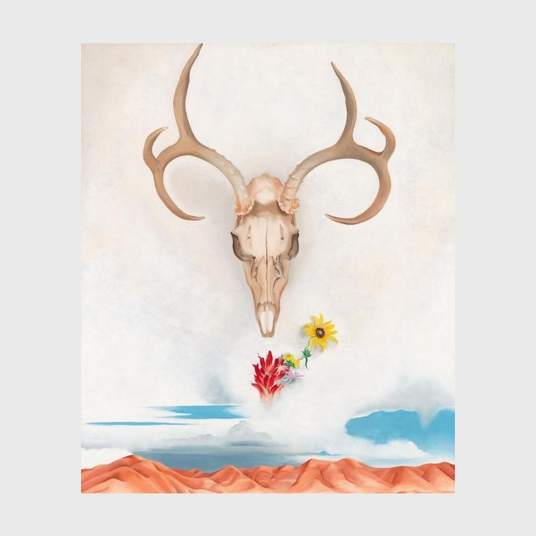O'Keeffe painting Summer Days: a deer skull with flowers above the desert