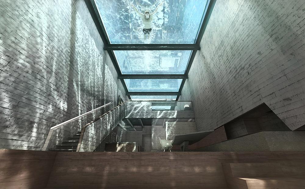 Проект Casa Brutale: интерьер со стеклянным потолком-бассейном и видом на море, Ливан
