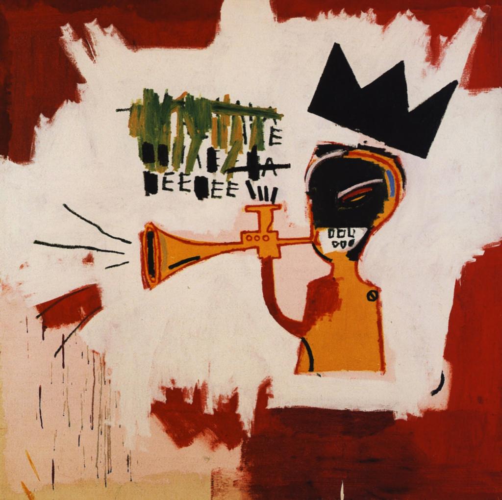 A Basquiat painting: an orange figure wearing a black crown and playing a trumpet against a dark-red background