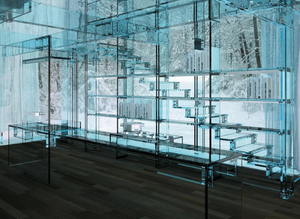 Transparent glass furniture and shelving in Carlo Santambrogio's house in winter