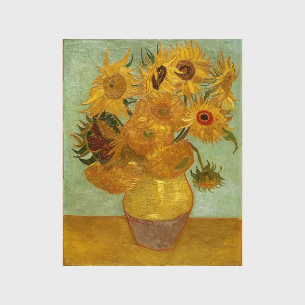 Van Gogh's painting Sunflowers: a bouquet of yellow flowers in a vase against a pale green background