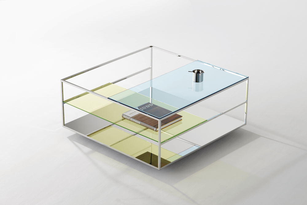 Transparent coffee table with a coloured glass shelf, designed by Daisuke Kitagawa