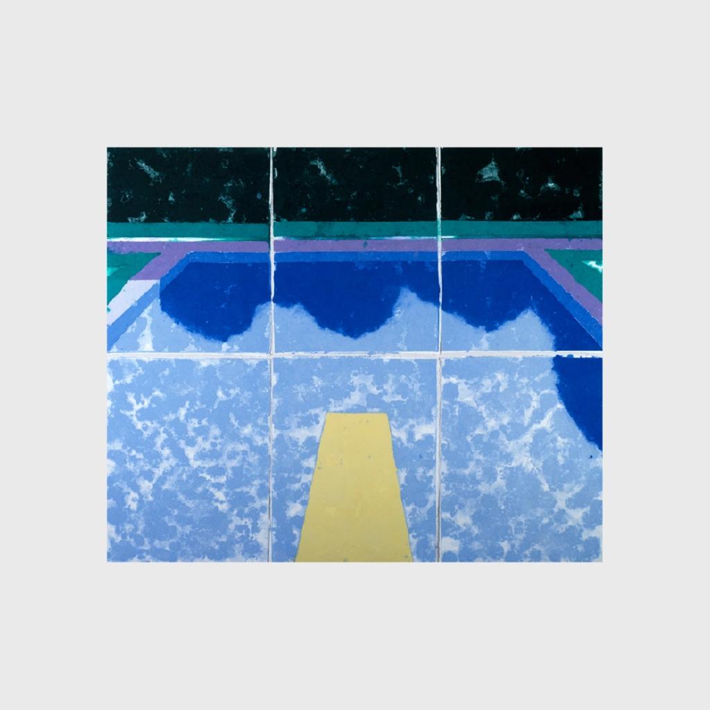 A Hockney painting of a pool with a yellow diving board, rendered on tiles