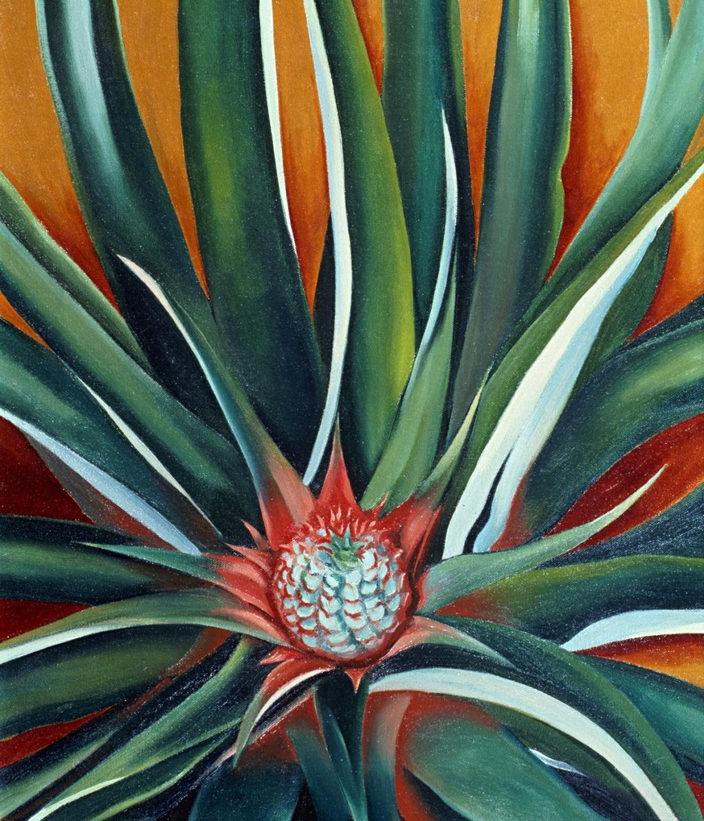 O'Keeffe painting: a pineapple bud among green leaves against an orange background