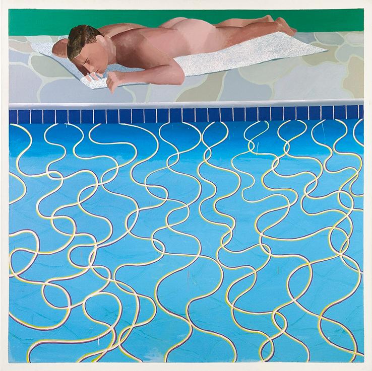 A nude man lies on a towel at the edge of a swimming pool, its surface marked by undulating lines of water