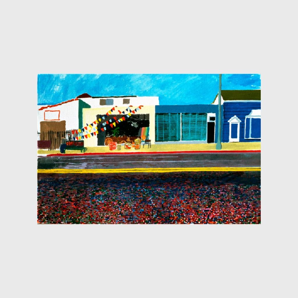 A Hockney painting of a street with houses, small flags and a dark road in the foreground