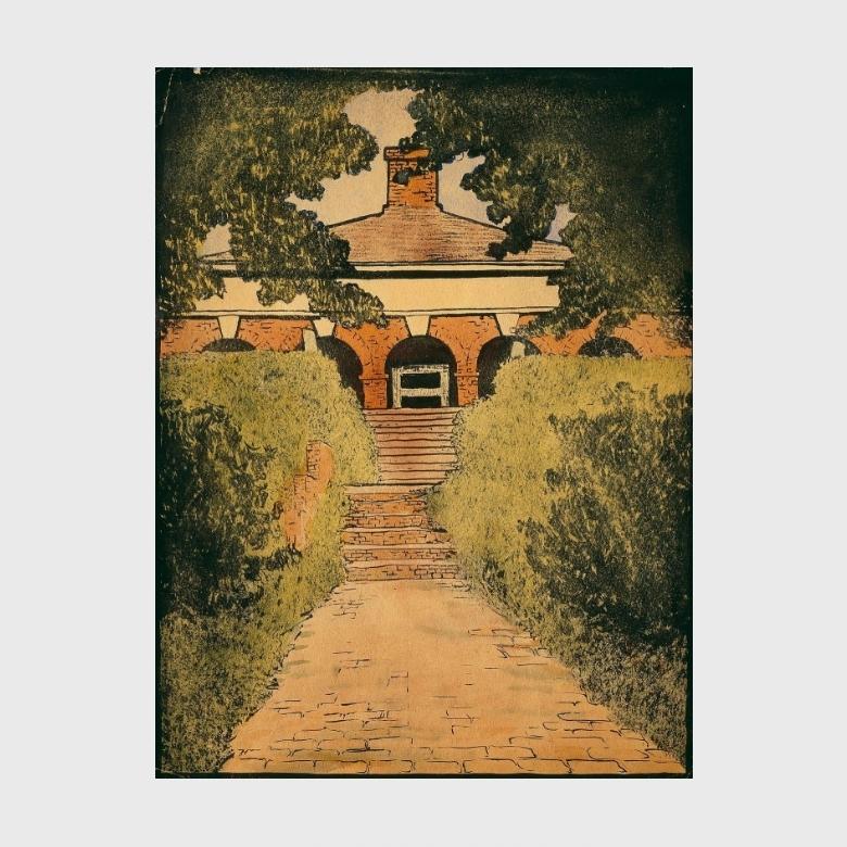 A watercolour by Georgia O'Keeffe: a brick path between bushes leads to a pavilion