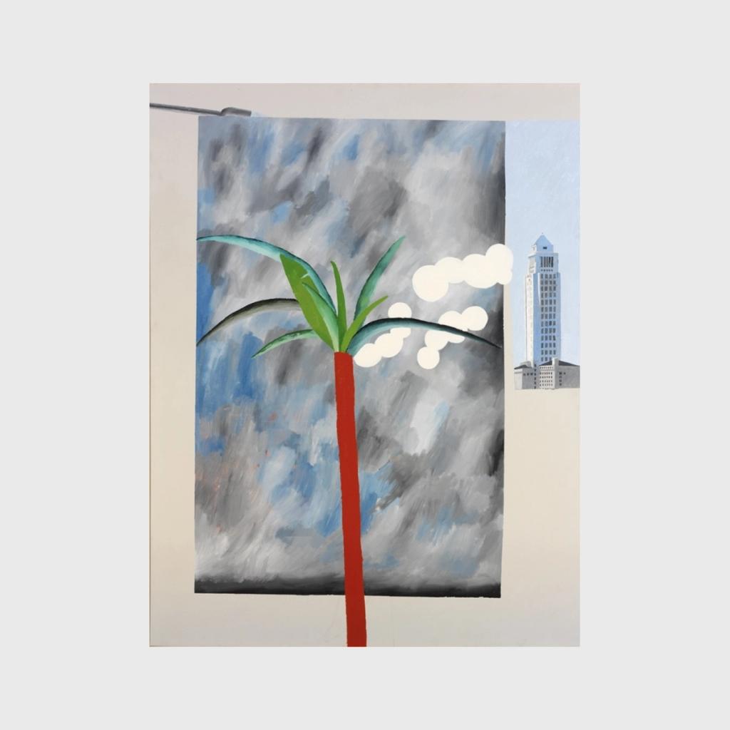 A Hockney painting featuring a red palm tree against a grey background with a skyscraper to the right