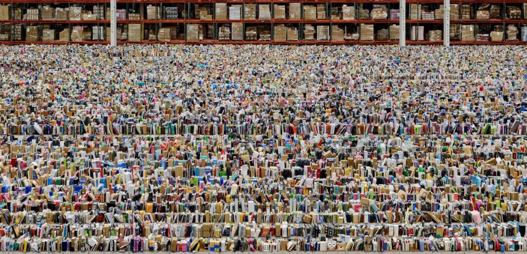 A vast warehouse with countless goods on shelves and in piles receding into the distance