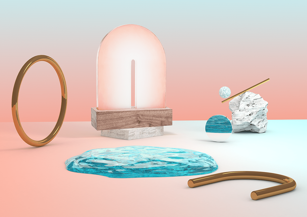 An abstract composition in pastel tones featuring a gold ring, an arched floor lamp and a piece of marble