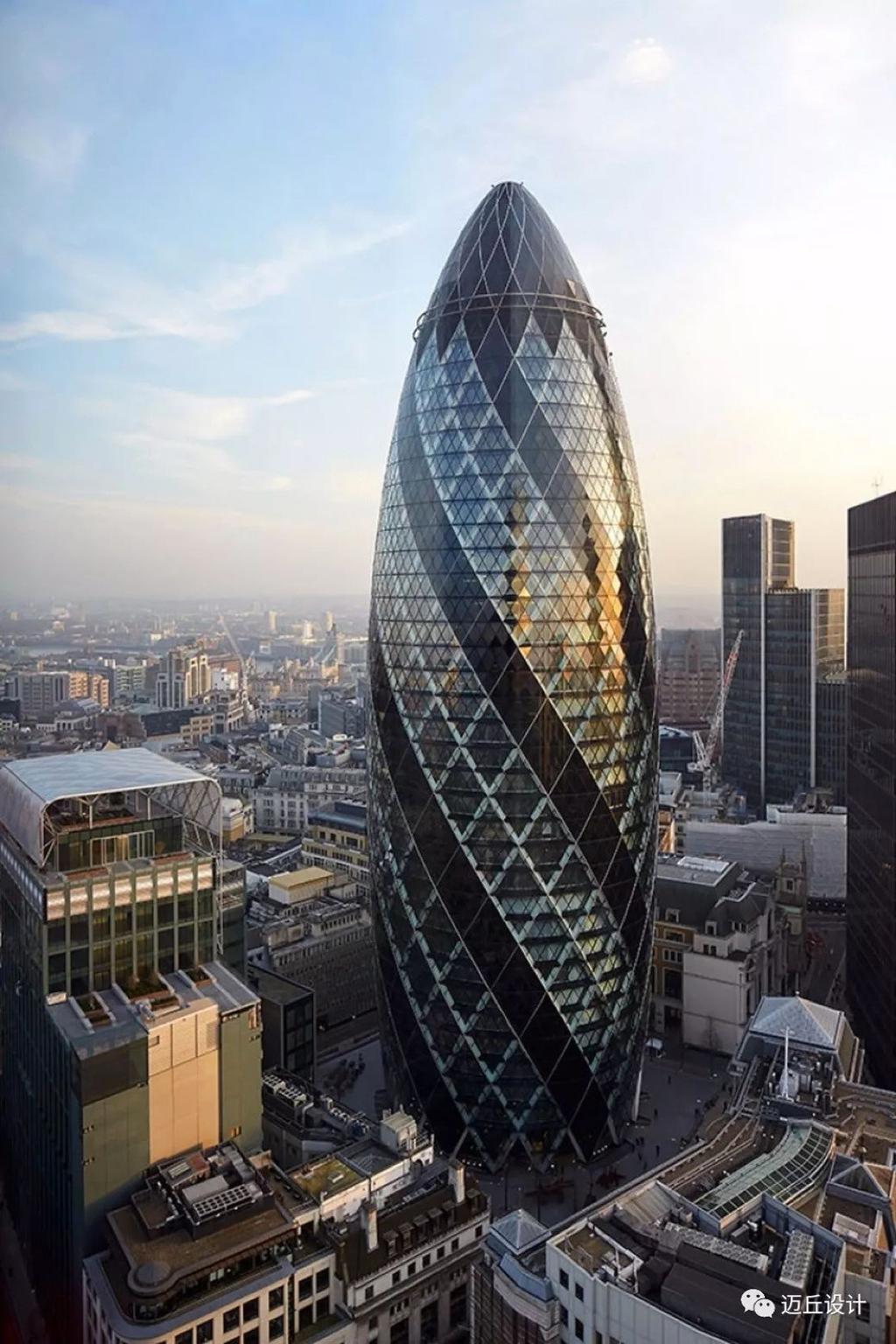 30 St Mary Axe, with its diamond-patterned glazing, rising above the buildings of the City of London