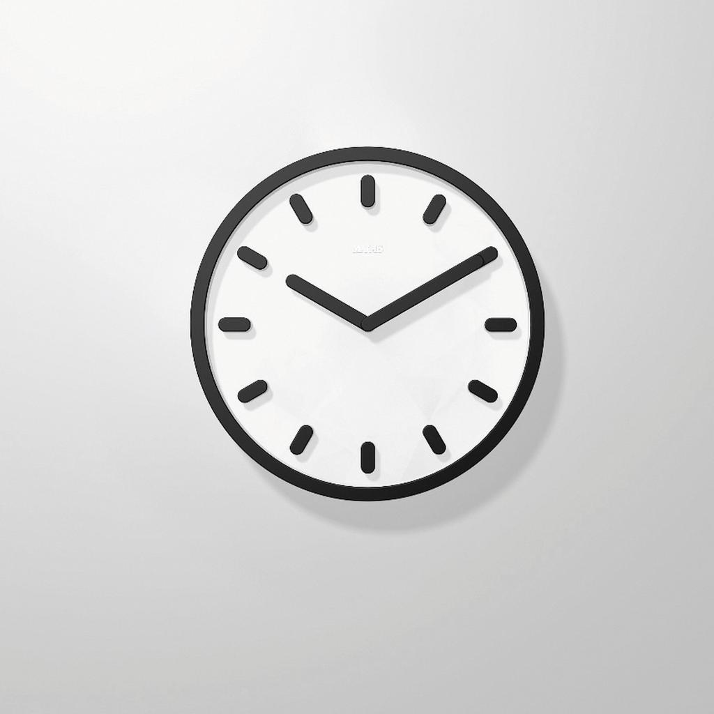 A minimalist wall clock with a black bezel and white dial
