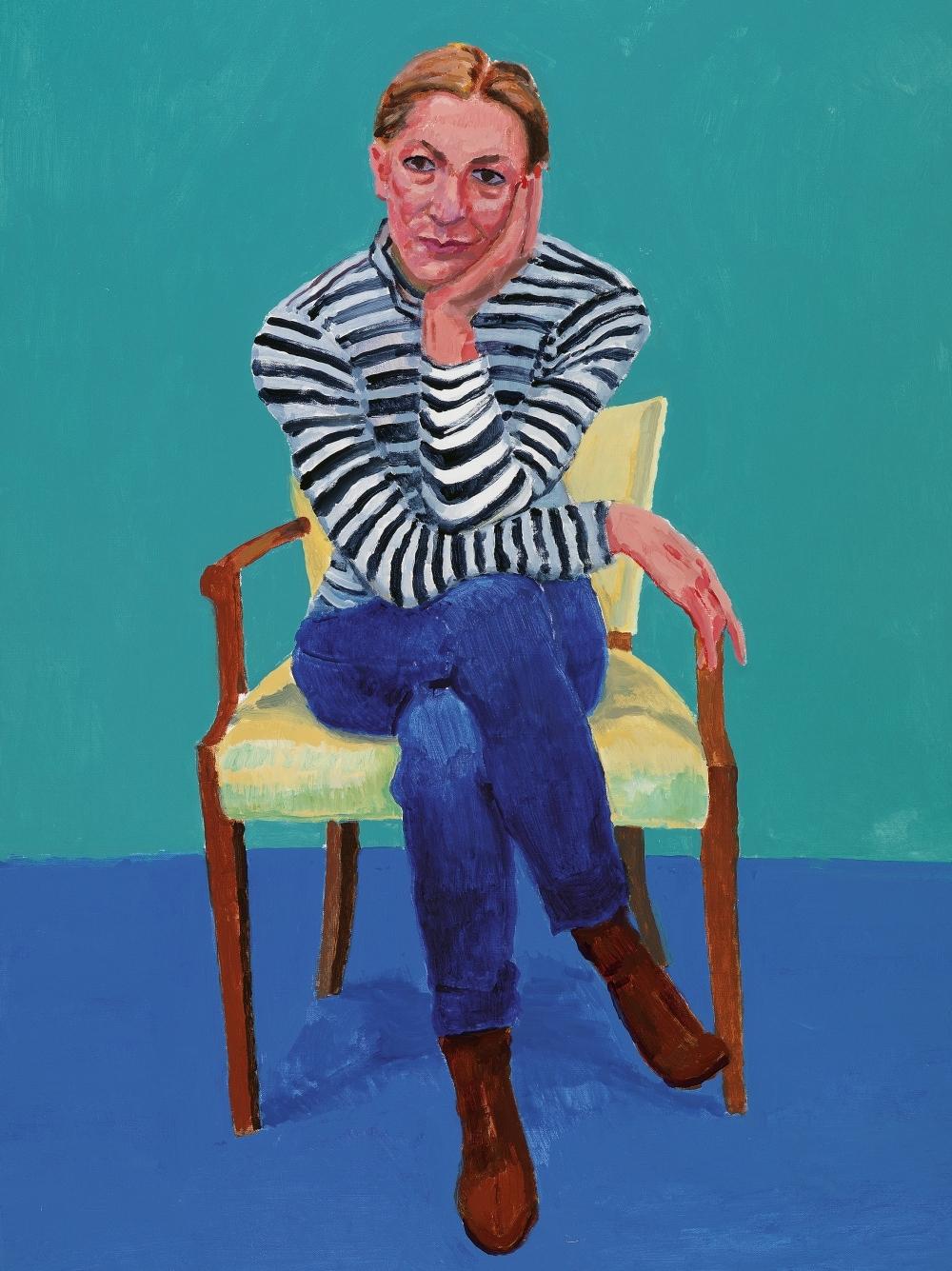 Portrait of a woman in a striped sweater on a yellow chair, turquoise-blue background