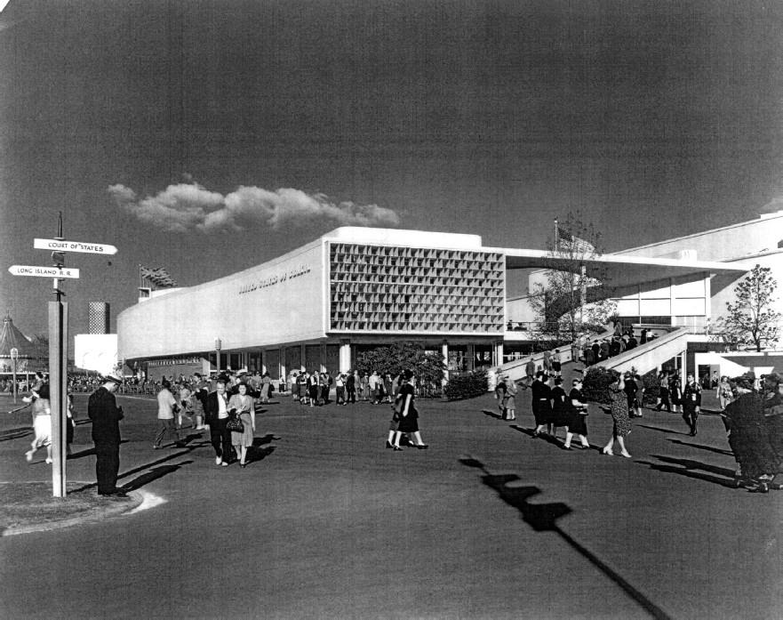 The United States Pavilion at the World's Fair, crowded with visitors — a black-and-white photograph