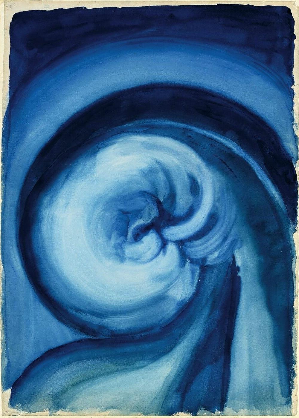 A blue O'Keeffe watercolour with a curling spiral wave