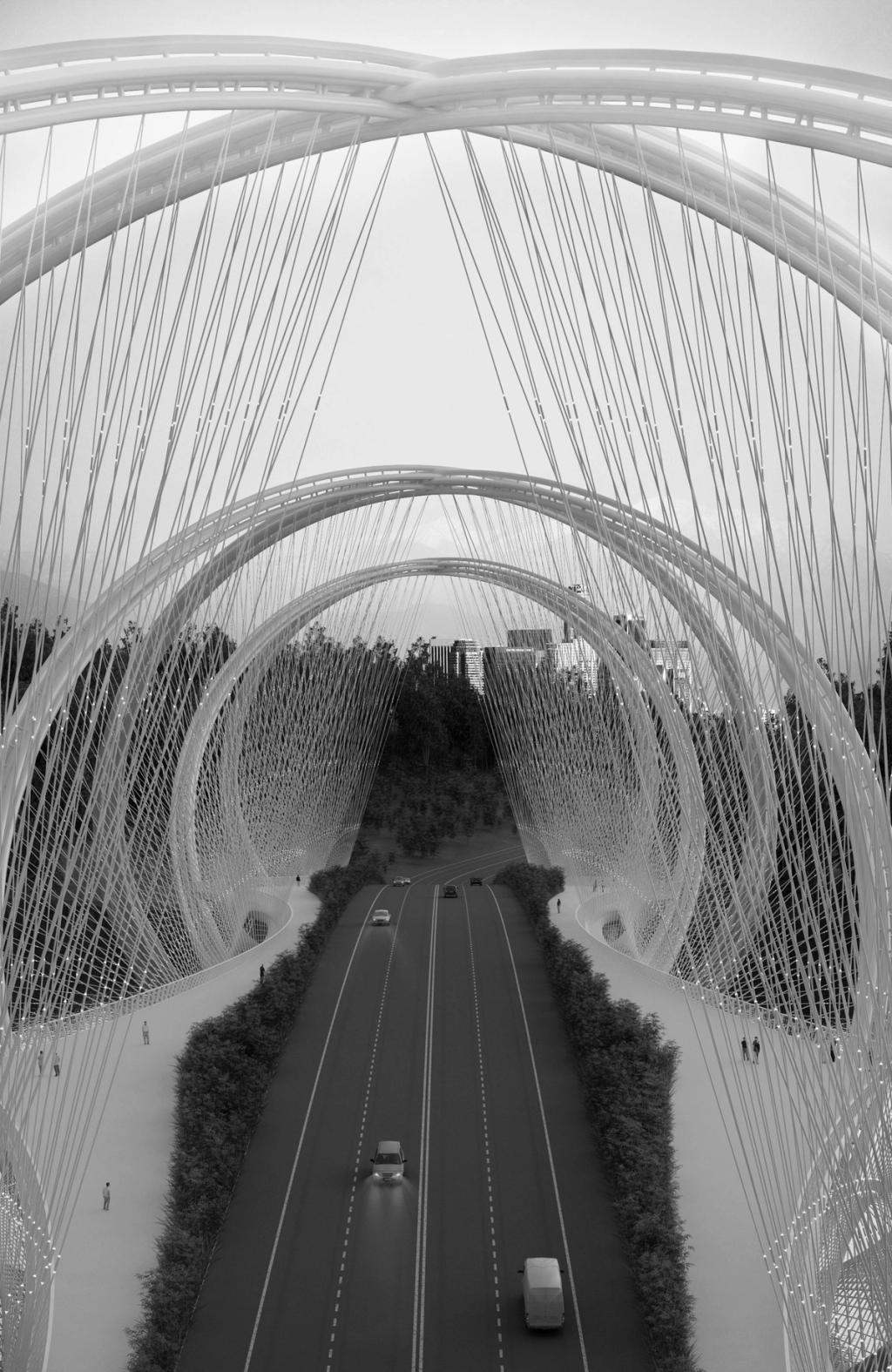 Black-and-white shot from inside San Shan Bridge: a road receding into the distance beneath a succession of cable-formed rings