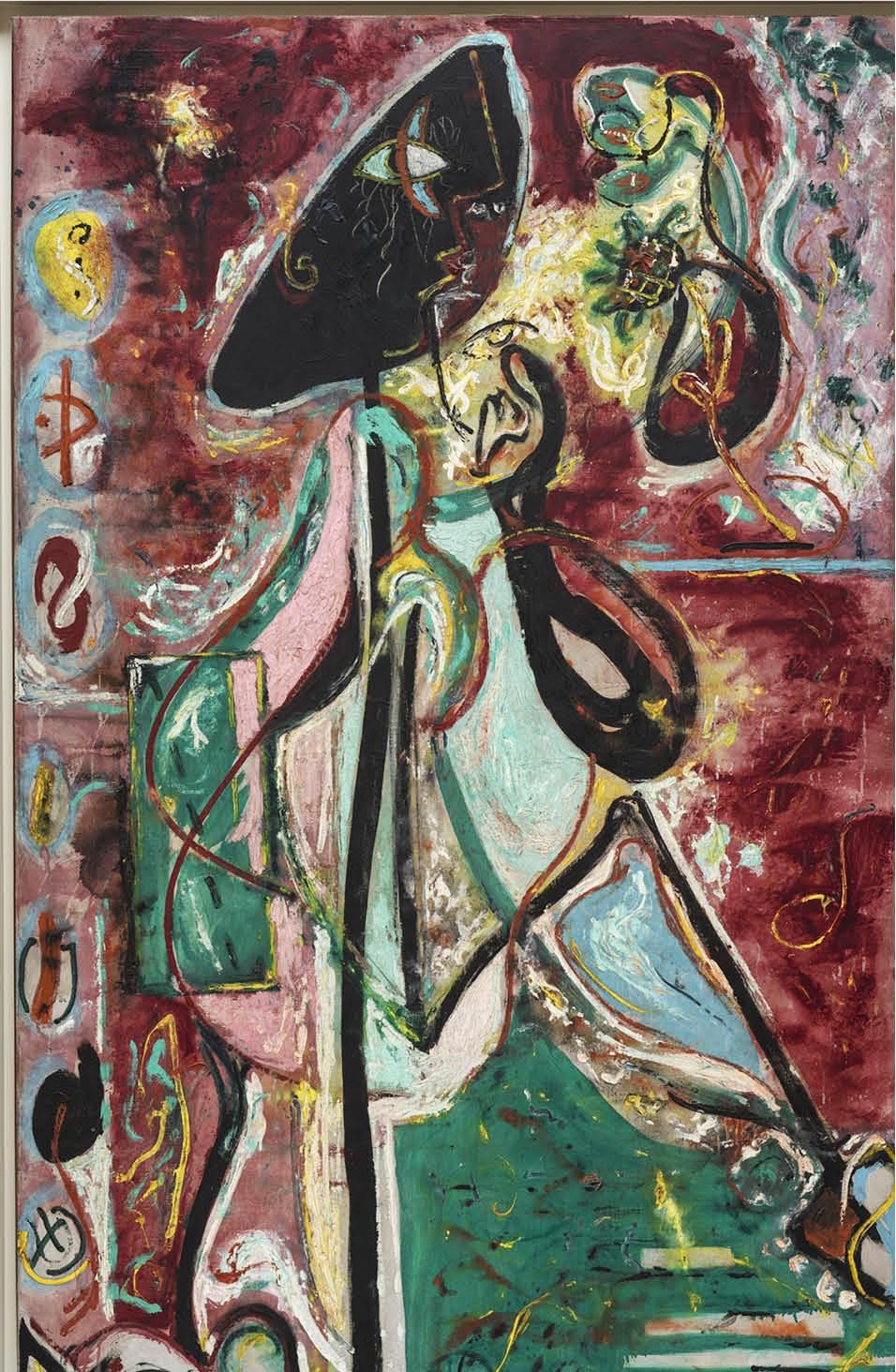 An early abstract painting by Jackson Pollock featuring a totemic figure in green and pink tones against a burgundy background