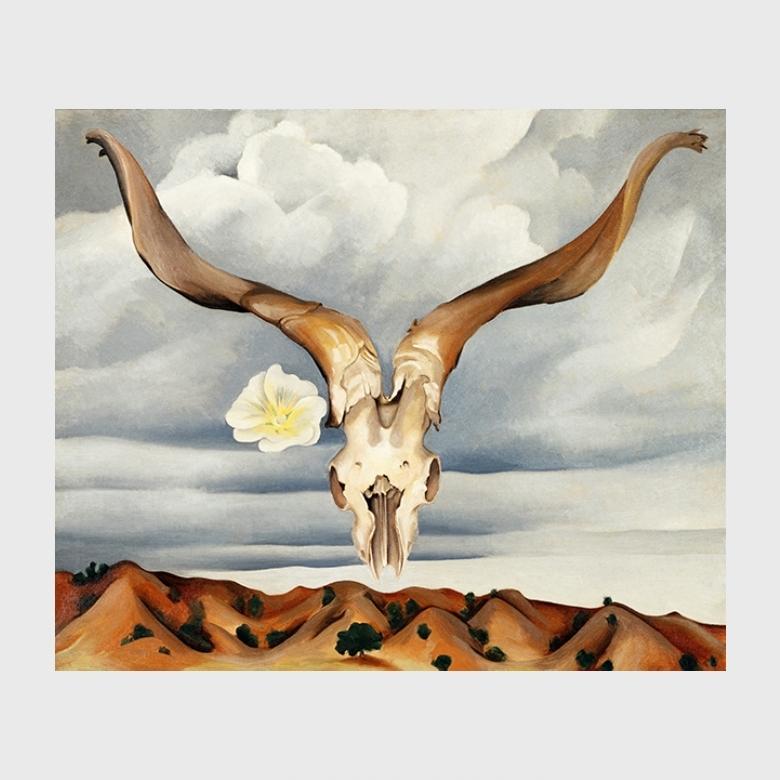 O'Keeffe painting: a ram's skull with horns and a white hollyhock above the hills