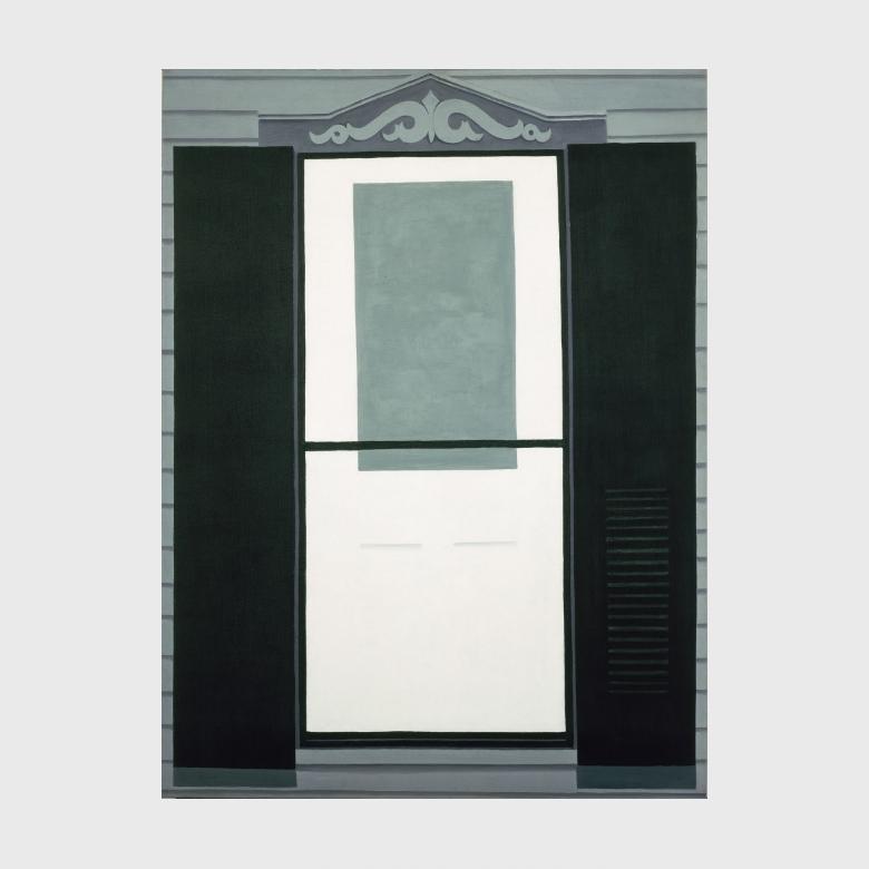 O'Keeffe painting: a white door with a screen and dark shutters on a grey house