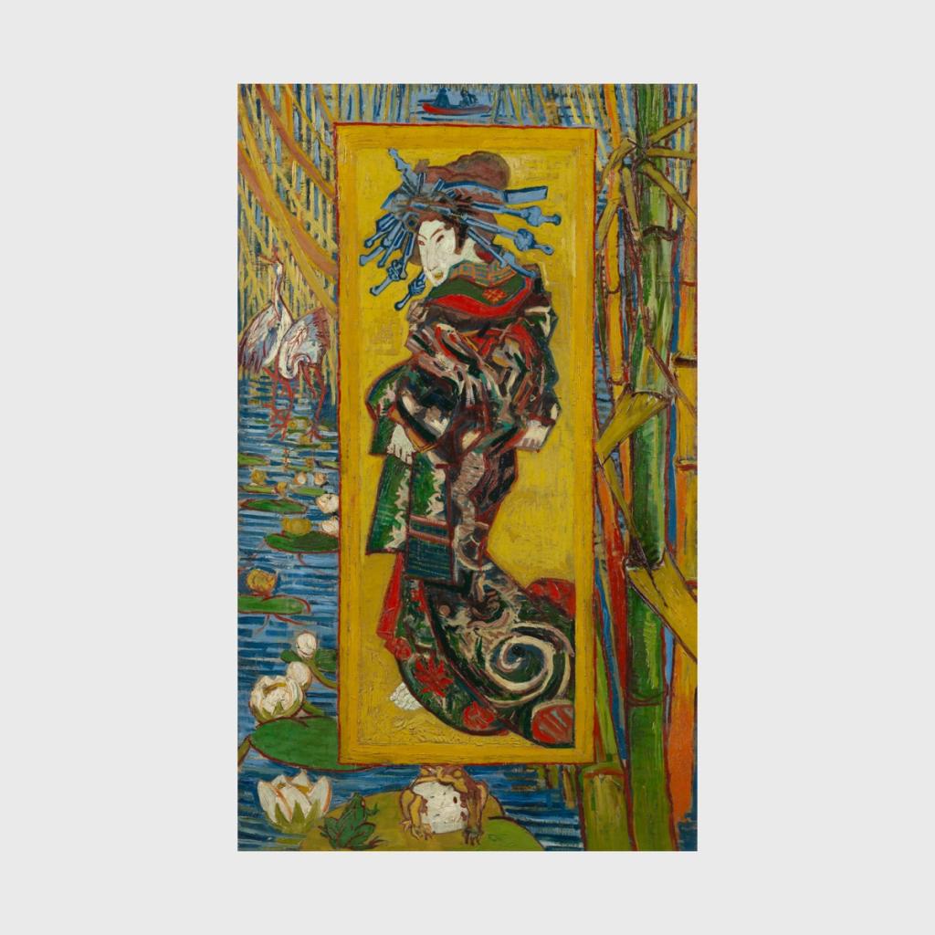 Van Gogh's painting Courtesan, after a Japanese woodblock print: a woman in a kimono against a gold background