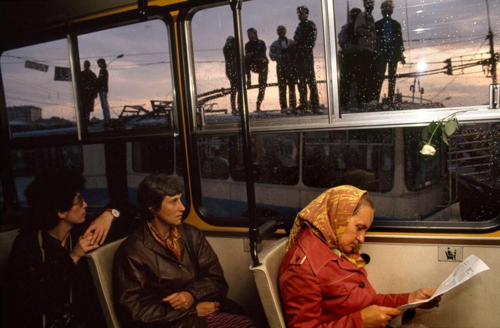 Passengers in a tram at sunset, a woman in red reading, a white rose by the window