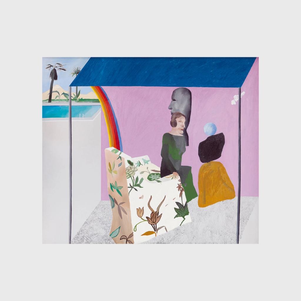 A Hockney painting: two figures beneath a blue awning by a pool with a rainbow