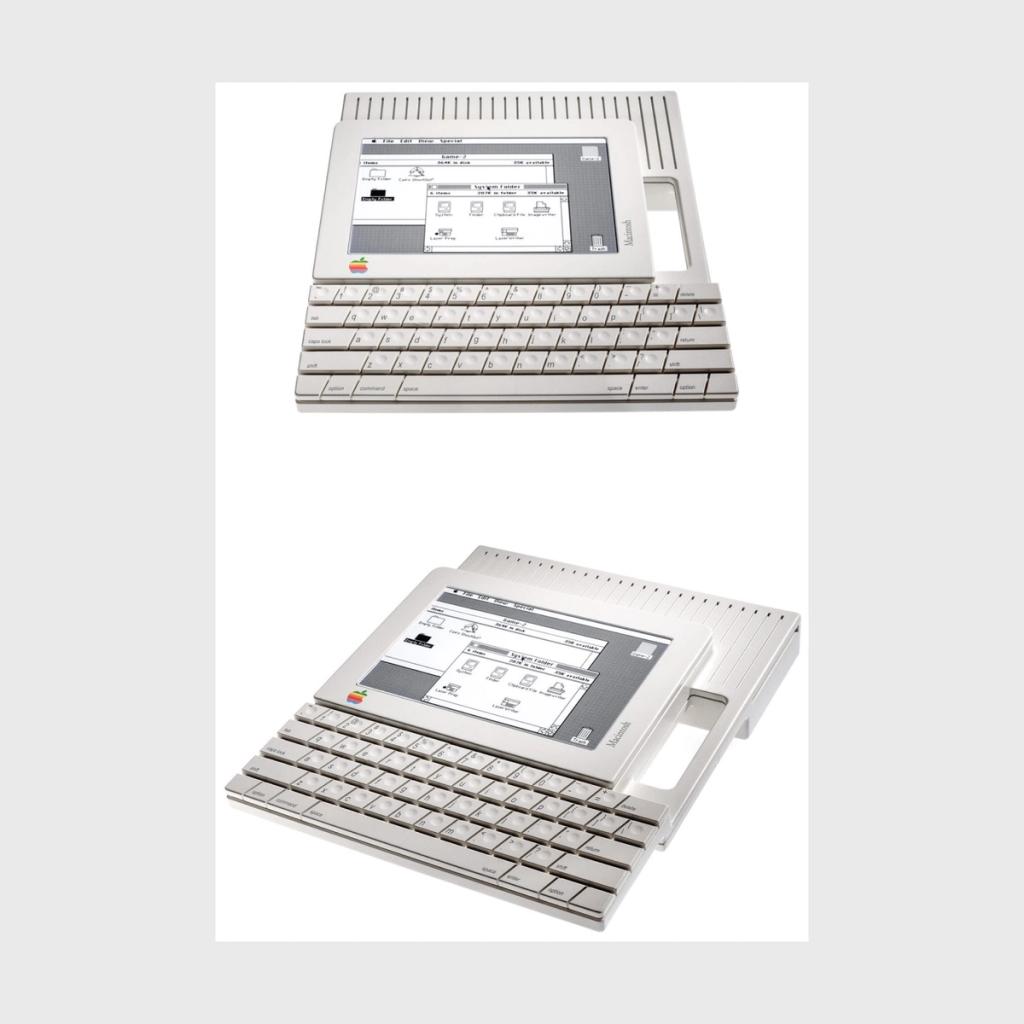 Two views of a conceptual compact Macintosh with a fold-down keyboard
