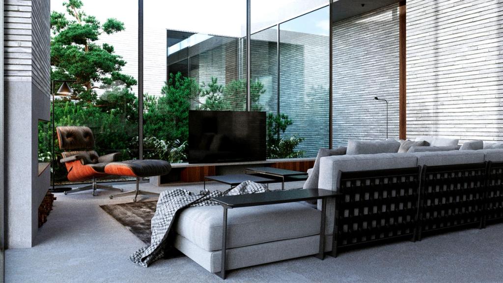 Living room with floor-to-ceiling glazing, a grey sofa and a leather armchair overlooking a conifer garden — visualisation