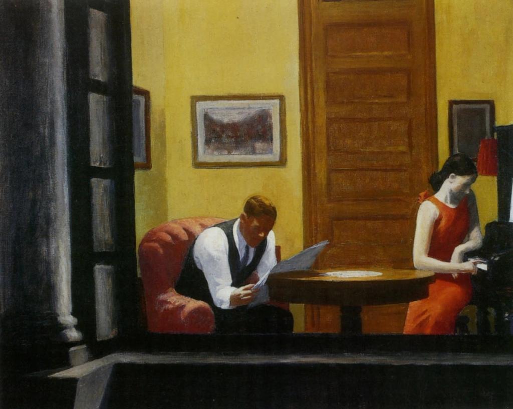 Hopper's Room in New York: a man reading a newspaper, a woman at the piano in a red dress