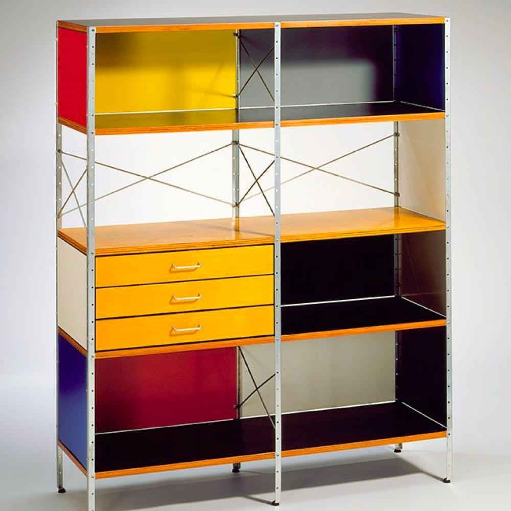 The Eameses' modular storage unit with coloured panels, drawers and a metal frame