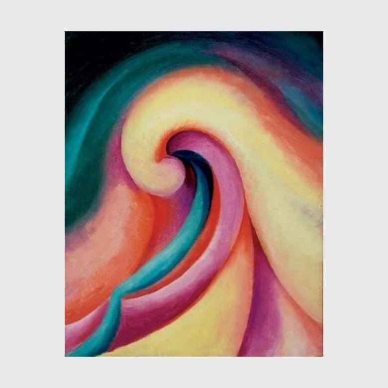 O'Keeffe's coloured abstraction with a spiral wave of pink, orange and turquoise ribbons