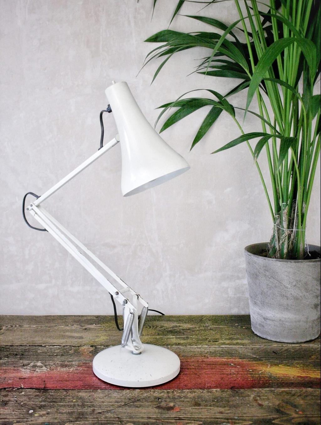 Белая лампа Anglepoise на бетонном основании рядом с комнатным растением в сером горшке