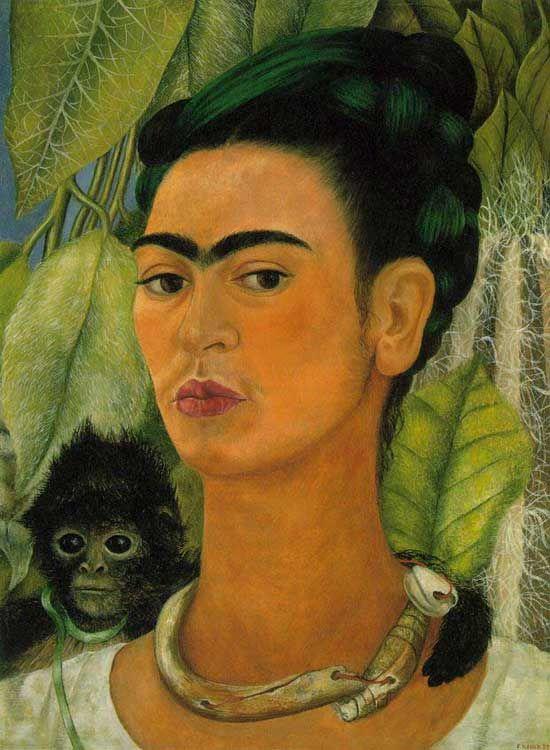 Frida Kahlo's self-portrait with a small black monkey on her shoulder and a bone necklace against a background of green leaves