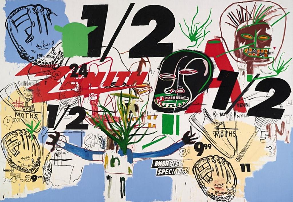 A painting featuring the large numerals 1/2, the Zenith logo, masks and baseball gloves