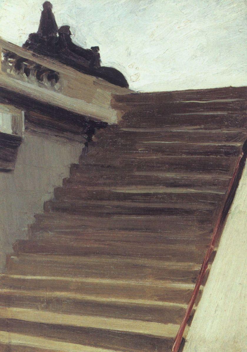 Study by Edward Hopper: a flight of stairs beneath a roof with dark silhouettes at the top