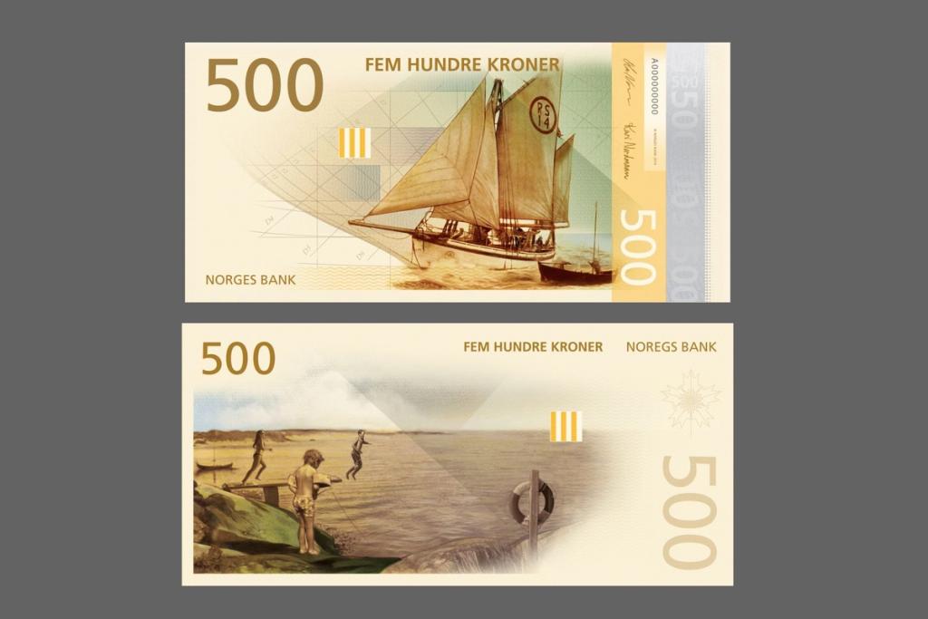 The Metric System's 500-krone note, featuring a sailing fishing boat and children swimming