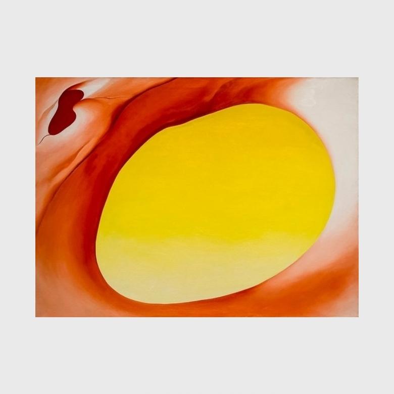 O'Keeffe abstraction: a yellow oval framed by an orange-red pelvic bone