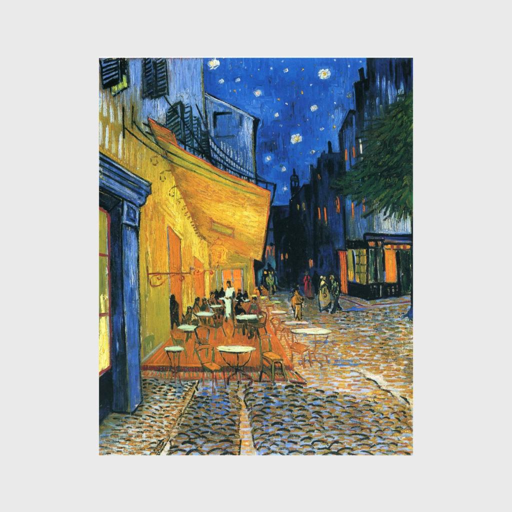 Van Gogh's painting of a café terrace at night in Arles beneath a deep blue starry sky