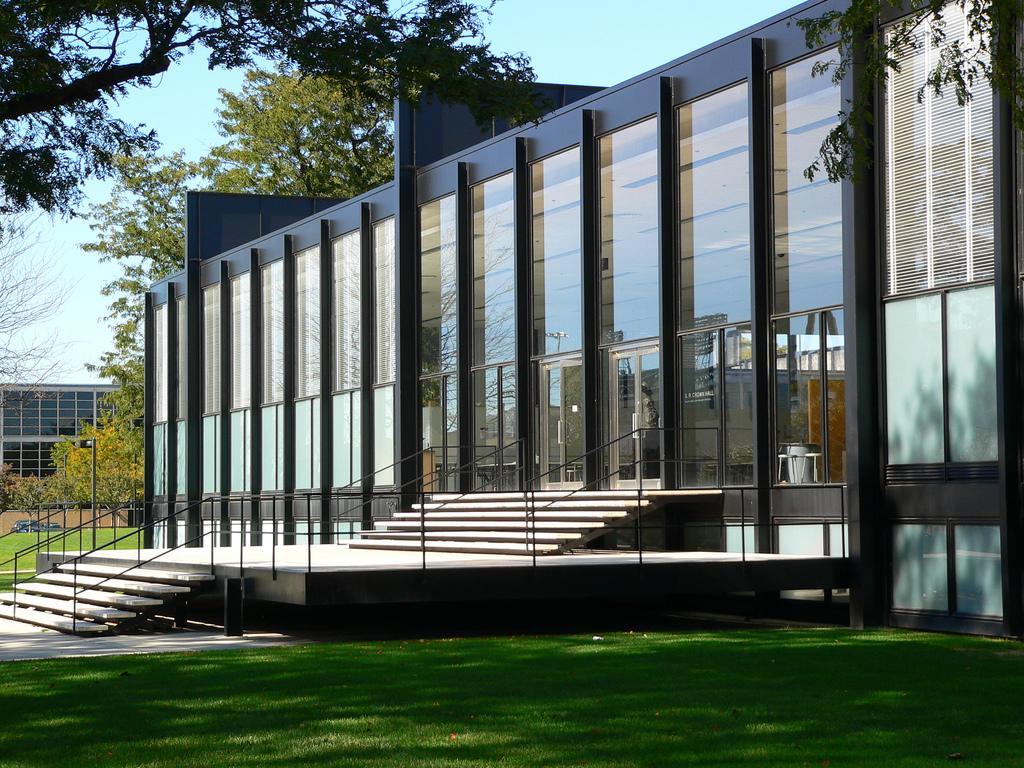 The glass-and-steel pavilion of Crown Hall on the campus of the Illinois Institute of Technology