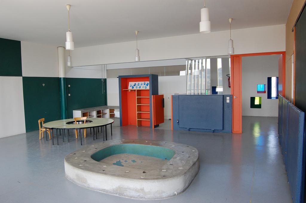 A nursery room on the rooftop of the Unité d'Habitation in Marseille, with a circular pool
