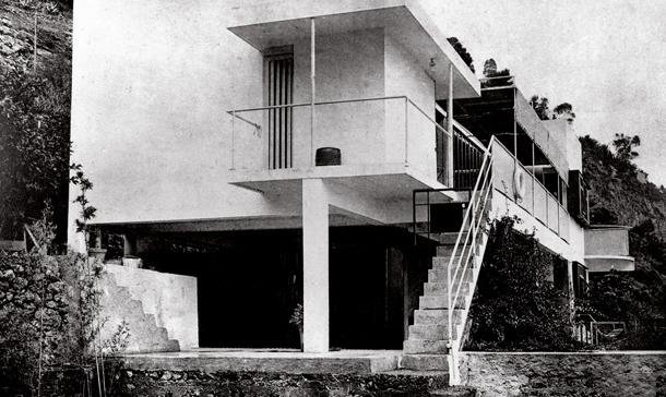 Eileen Gray's Villa E-1027 on the hillside — an old black-and-white photograph showing the external staircase and terrace