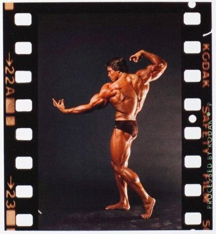 A bodybuilder photographed from behind, the frame styled as a strip of Kodak film