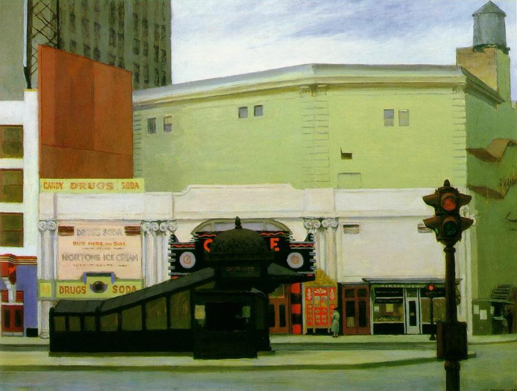 Hopper city scene: a pharmacy and a subway entrance on the corner of a New York street